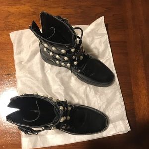 Zara Black Leather Pearl Combat Boots